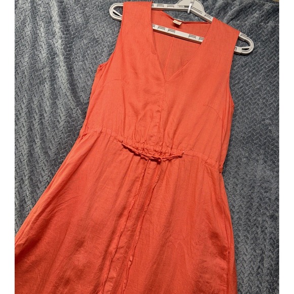 Magaschoni 100% Linen Sleeveless Dress S Orange Midi Fit & Flare V-Neck Pockets - Picture 1 of 13